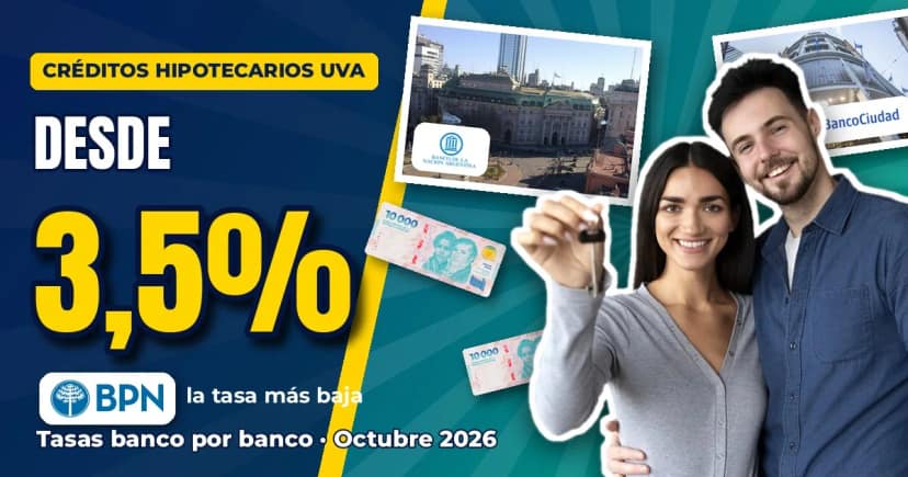 Pareja feliz con la llave de su casa, edificios de Banco Nación y Banco Ciudad y tasa desde 3,5%
