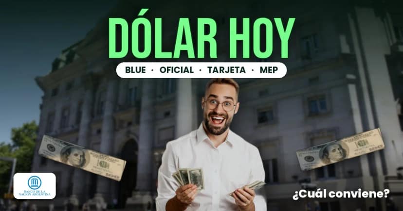 Hombre sorprendido con dólares frente al Banco Nación, comparando dólar blue, oficial, tarjeta y MEP