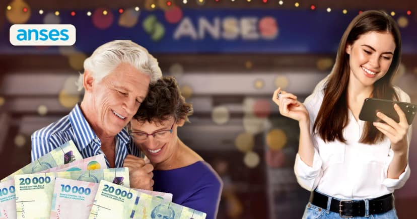 Trabajadora sonriente revisa en el celular el cobro de su aguinaldo, junto a billetes de pesos argentinos y el logo de ANSES