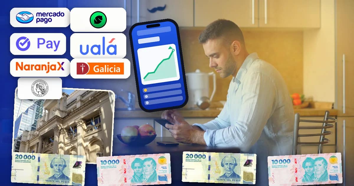 Hombre argentino compara en su celular el rendimiento de dos billeteras virtuales junto a billetes de pesos, con el edificio del Banco Central y logos de Mercado Pago, Lemon, Personal Pay y Banco Galicia
