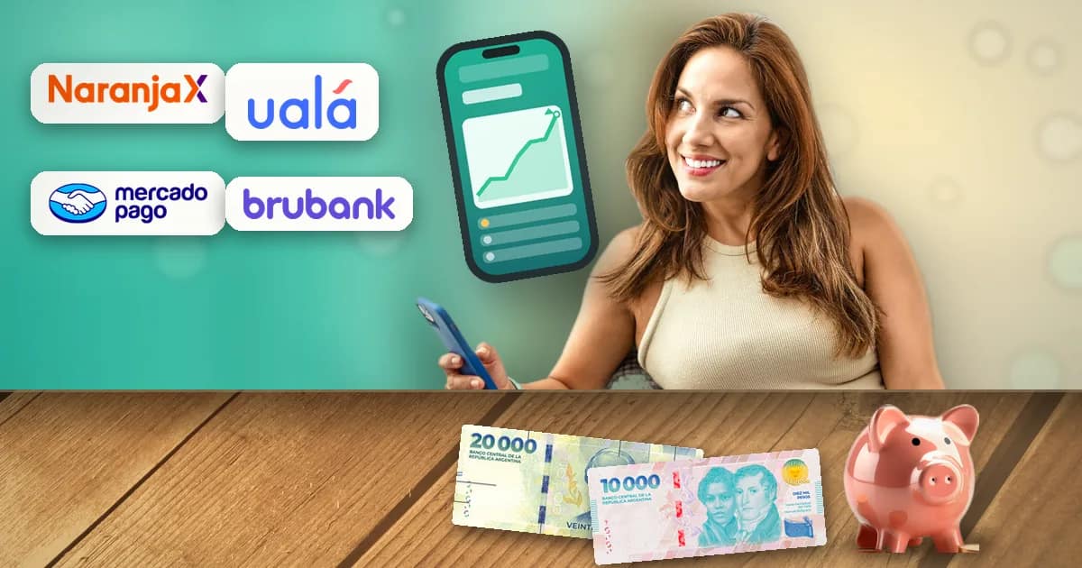 Mujer argentina sonriente revisa en su celular el rendimiento de su billetera virtual junto a billetes de pesos argentinos y los logos de Naranja X, Ualá, Mercado Pago y Brubank