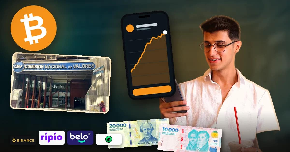 Joven argentino mira en su celular el precio de bitcoin junto a billetes de pesos argentinos, con el edificio de la Comisión Nacional de Valores de fondo