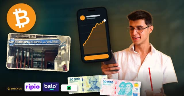 Joven argentino mira en su celular el precio de bitcoin junto a billetes de pesos argentinos, con el edificio de la Comisión Nacional de Valores de fondo