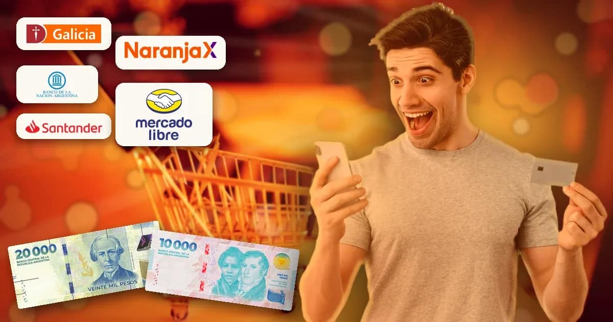 Joven sonriente compra online desde el celular con su tarjeta de crédito, junto a billetes de pesos argentinos y los logos de Banco Galicia, Banco Nación, Santander, Naranja X y Mercado Libre