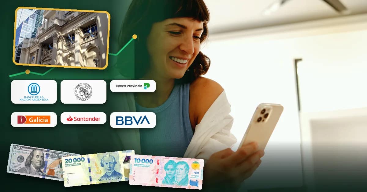 Mujer argentina revisa en su celular la cotización del dólar junto a billetes de pesos argentinos y dólares, con fachadas del Banco Nación y del Banco Central de la República Argentina