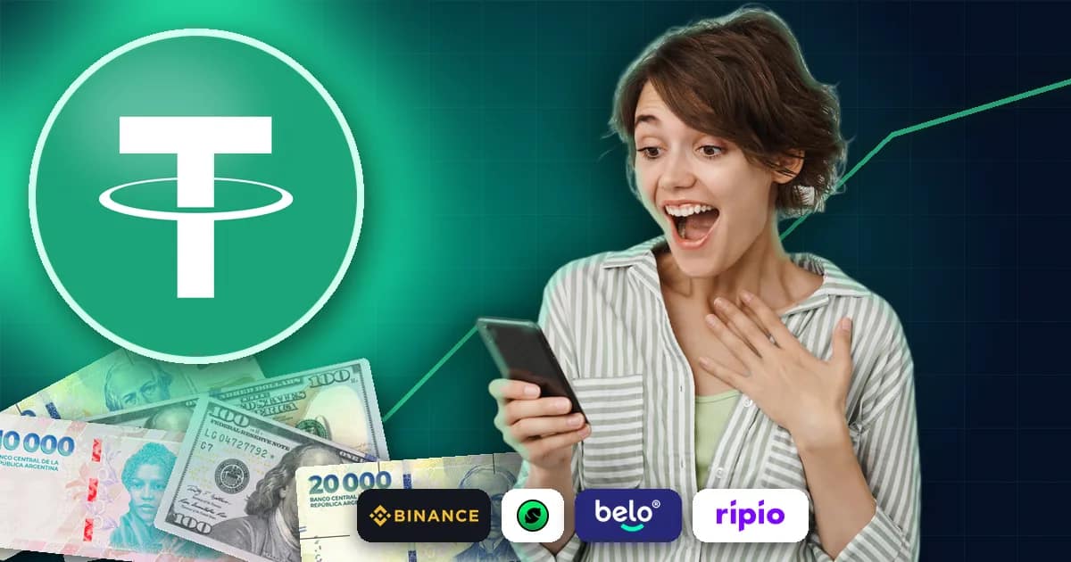 Mujer sorprendida junto a una moneda de USDT y los logos de Binance, Lemon, Belo y Ripio.