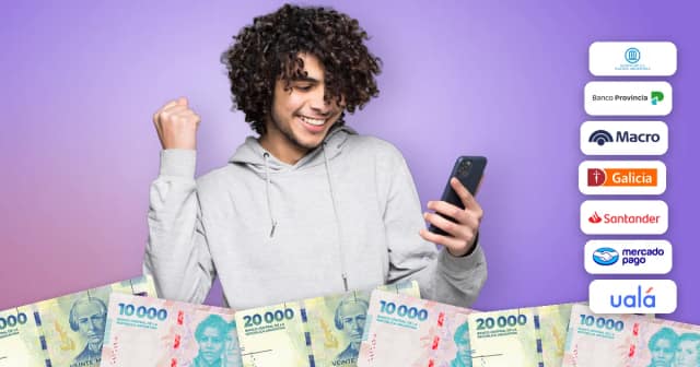 Joven sonriente festeja mirando el rendimiento de su plazo fijo en el celular, junto a billetes de $10.000 y $20.000 y los logos de Banco Nación, Banco Provincia, Banco Macro, Galicia, Santander, Mercado Pago y Ualá.