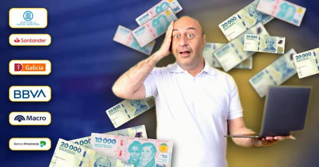 Hombre sorprendido con una notebook en la mano, rodeado de billetes de pesos argentinos, junto a los logos de Banco Nación, Santander, Galicia, BBVA, Macro y Banco Provincia.