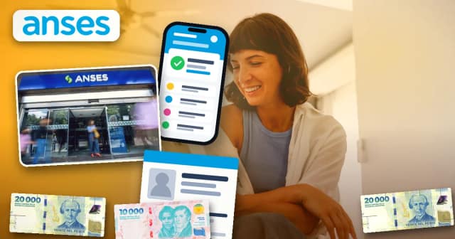 Mujer argentina revisa en su celular el trámite del seguro por desempleo de ANSES junto a billetes de pesos y su currículum, con la fachada de una oficina de ANSES de fondo