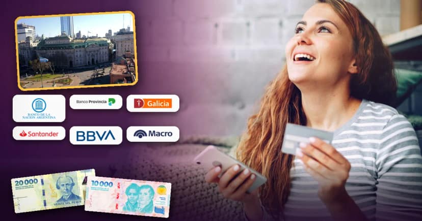 Mujer argentina sonriente sostiene una tarjeta de crédito y su celular junto a billetes de pesos, con logos de Banco Nación, Banco Provincia, Galicia, Santander, BBVA y Macro